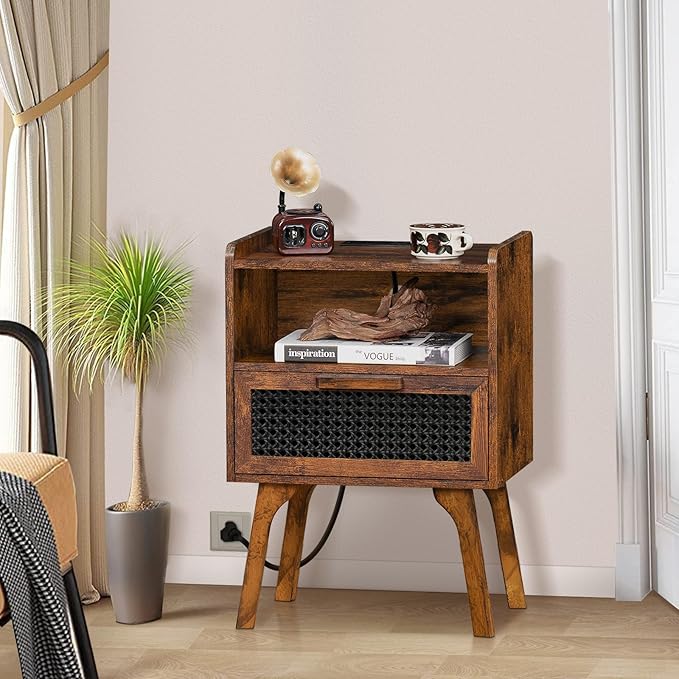 Lerliuo Rattan Nightstand with Charging Station, Side Table with Drawer Open Shelf, Cane Accent Bedside End Table with Solid Wood Legs, Night Stand for Bedroom, Dorm and Small Spaces (Brown) - LeafyLoom