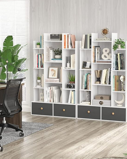 Unikito Bookshelf with 2 Drawers Free Standing Bookcase, Office Storage Shelf Organizer with 12 Open Bookshelves, Industrial Wood Book Case Display Rack for Bedroom, Living Room, Home Office, White - LeafyLoom