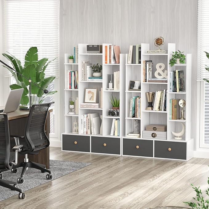 Unikito Bookshelf with 2 Drawers Free Standing Bookcase, Office Storage Shelf Organizer with 12 Open Bookshelves, Industrial Wood Book Case Display Rack for Bedroom, Living Room, Home Office, White - LeafyLoom