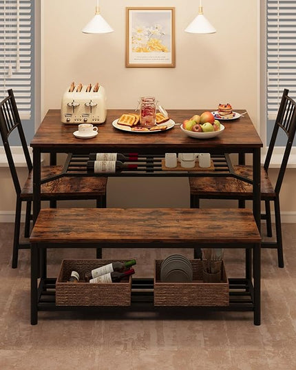 IDEALHOUSE Dining Table Set for 4, Kitchen Table and Chairs for 4 with Storage Bench, Rectangular Kitchen Table Set with Wine Rack, Dining Room Table Set for Small Space, Apartment, Retro Brown - LeafyLoom