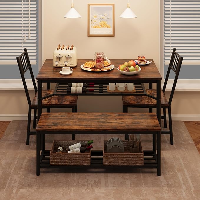 IDEALHOUSE Dining Table Set for 4, Kitchen Table and Chairs for 4 with Storage Bench, Rectangular Kitchen Table Set with Wine Rack, Dining Room Table Set for Small Space, Apartment, Retro Brown - LeafyLoom