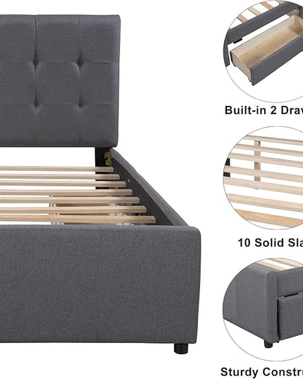 Bellemave Upholstered Twin Size Platform Bed Frame with 2 Storage Drawers and Headboard, Linen Fabric Simple Style, Solid Wooden Slats Support, No Box Spring Needed, Grey - LeafyLoom