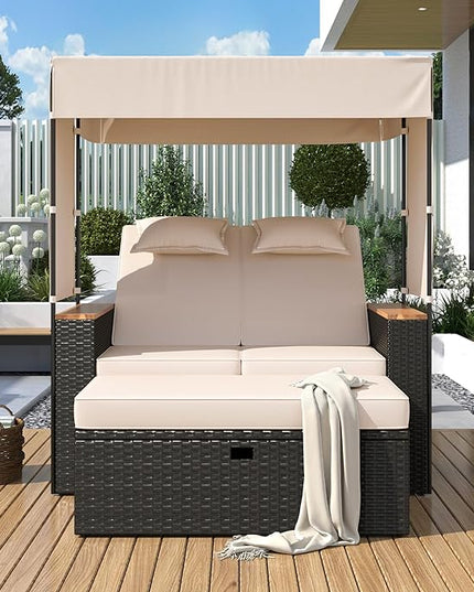 Outdoor Patio Conversation Set, 2-Piece Patio Bench Rattan Roof Set, Effective UV Protection Fabric & Waterproof Cushions and Adjustable Backrest for Garden, Backyard and Porch - LeafyLoom