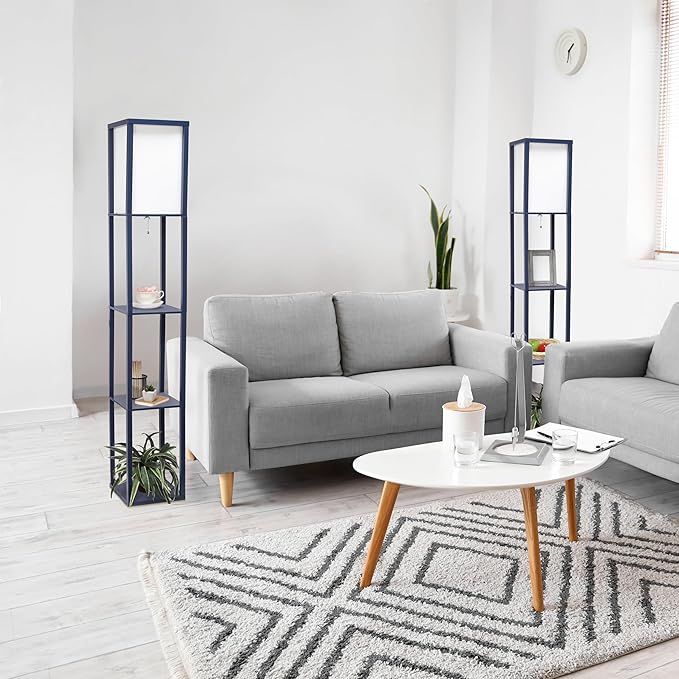 Simple Designs LF1014-NAV Etagere Organizer Storage Shelf Linen Shade Floor Lamp, Navy - LeafyLoom