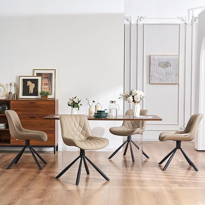 YOUNUOKE Upholstered Dining Chairs Set of 2 Comfortable Mid Century Modern Kitchen Chair with Sturdy Metal Legs Faux Leather Dinner Chairs for Kitchen Dining Room, Khaki - LeafyLoom