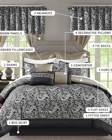 Madison Park Essentials Brystol 24 Piece Room in a Bag Faux Silk Comforter Jacquard Paisley Design Matching Curtains Down Alternative All Season Bedding-Set, Queen(90 in x 90 in), Black 24 Piece - LeafyLoom