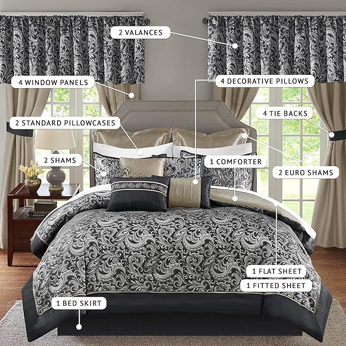Madison Park Essentials Brystol 24 Piece Room in a Bag Faux Silk Comforter Jacquard Paisley Design Matching Curtains Down Alternative All Season Bedding-Set, Queen(90 in x 90 in), Black 24 Piece - LeafyLoom