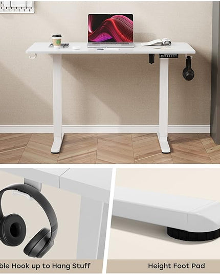 White Standing Desk, 48 X 24 Inch Adjustable Height Electric Desk, Sit Stand Desk with Splice Board and 2 Hooks, Ergonomic Rising Desk for Home Office - LeafyLoom