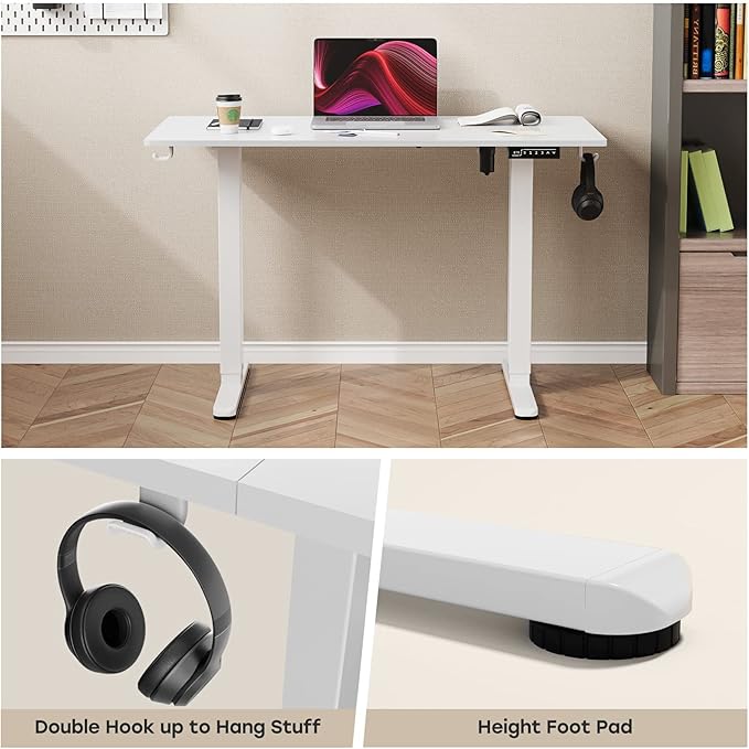 White Standing Desk, 48 X 24 Inch Adjustable Height Electric Desk, Sit Stand Desk with Splice Board and 2 Hooks, Ergonomic Rising Desk for Home Office - LeafyLoom