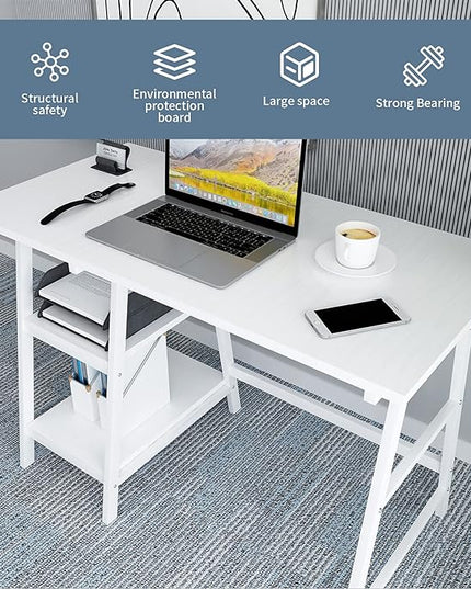 Natwind 43" White Desk Home Office Computer Working Kid Student Study Table with 2-Tier Storage Bookshelves Modern Simple Study Laptop Writing Elegant Style Desk Workstation - LeafyLoom