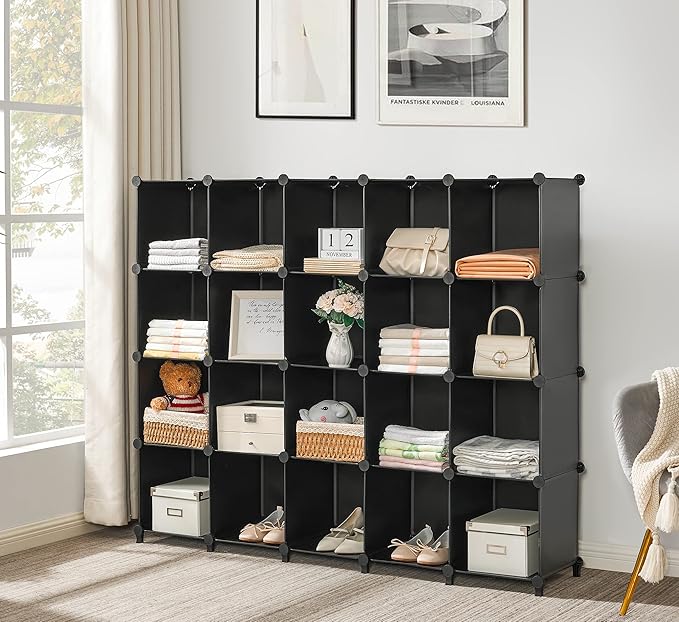 ANWBROAD Cube Storage Organizer 20-Cube Cubby Shelving Book Shelf Living Room Closet Clothes Organizers Kids Toys Craft Yarn Storage with Rubber Hammer for Bedroom Office Black ULCS020B - LeafyLoom