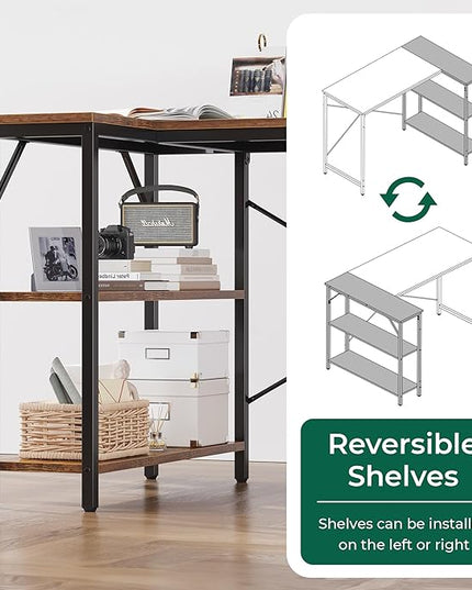 L Shaped Computer Desk with Reversible Storage Shelves, Gaming Corner Desk for Home Office, Writing Study Desk with Metal Frame, Rustic Brown - LeafyLoom