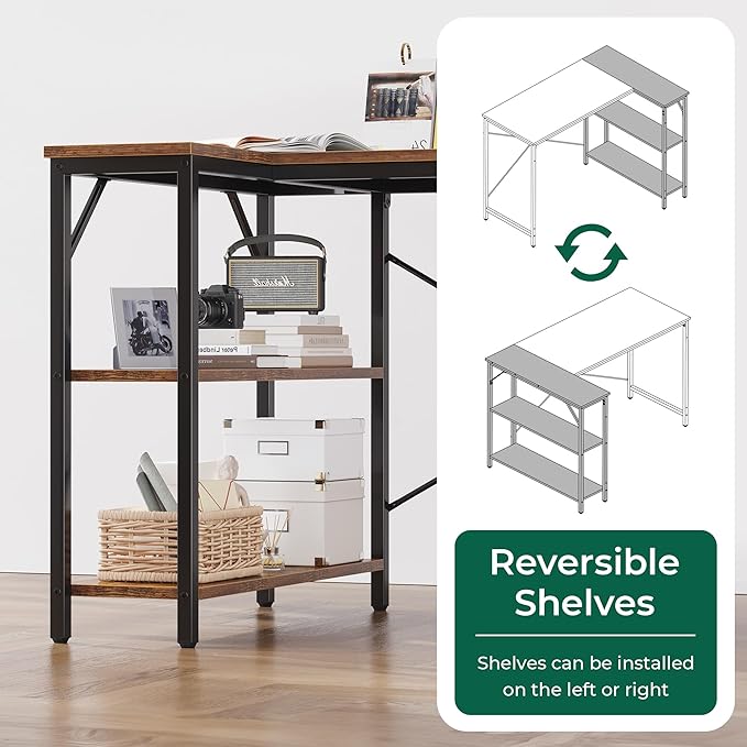 L Shaped Computer Desk with Reversible Storage Shelves, Gaming Corner Desk for Home Office, Writing Study Desk with Metal Frame, Rustic Brown - LeafyLoom