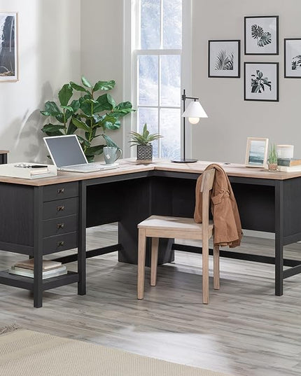 Sauder Cottage Road L-Desk, L: 65.12" x W: 58.66" x H: 29.76", Raven Oak Finish - LeafyLoom