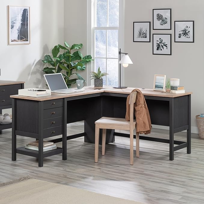 Sauder Cottage Road L-Desk, L: 65.12" x W: 58.66" x H: 29.76", Raven Oak Finish - LeafyLoom