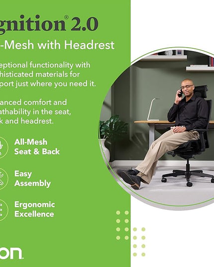 HON Ignition 2.0 Ergonomic Mesh Office Chair with Headrest - High Back Computer Desk Chair Adjustable Lumbar Support, Armrests, Seat-Depth, Synchro-Tilt Recline, 360 Swivel Rolling Wheels – Black - LeafyLoom