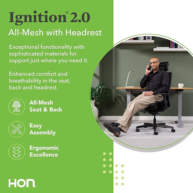 HON Ignition 2.0 Ergonomic Mesh Office Chair with Headrest - High Back Computer Desk Chair Adjustable Lumbar Support, Armrests, Seat-Depth, Synchro-Tilt Recline, 360 Swivel Rolling Wheels – Black - LeafyLoom