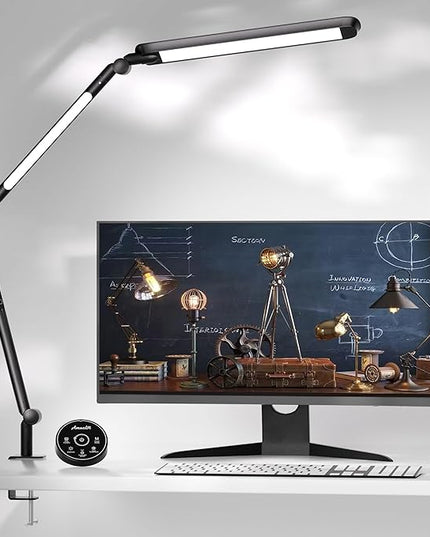 LED Desk Lamp with Clamp, Desk Light, Adjustable Brightness & Color Temperature, Modern Architect Clip on Lamp with Memory & Timer Function, Clamp Light for Study, Work, Home, Office, 15W - LeafyLoom