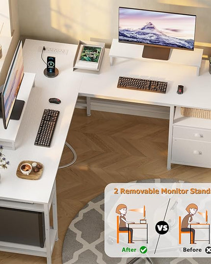 Furologee White 59” L Shaped Desk with Power Outlet, Reversible Computer Desk with File Drawer & 2 Monitor Stands, Corner Home Office Desk with Storage Shelves for Gaming Writing - LeafyLoom