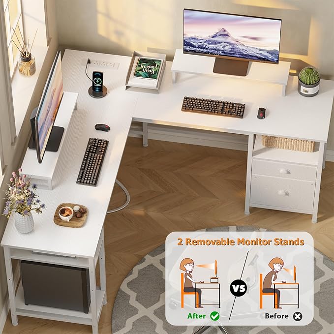 Furologee White 59” L Shaped Desk with Power Outlet, Reversible Computer Desk with File Drawer & 2 Monitor Stands, Corner Home Office Desk with Storage Shelves for Gaming Writing - LeafyLoom