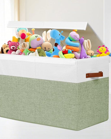 Large Toy Storage Box with Lid, Sturdy Toys Storage Chest Bin Organizer Basket with Dividers for Kids, Boys, Girls, Nursery, Closet, Bedroom, Playroom 25"x13" x16" (Green and White) - LeafyLoom