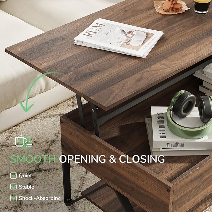 Novilla Lift Top Coffee Table with Storage 40 Inch Wood Lift Up Center Table for Living Room Tea Table with Hidden Compartment Rising Tabletop Table Cocktail Table, Walnut - LeafyLoom
