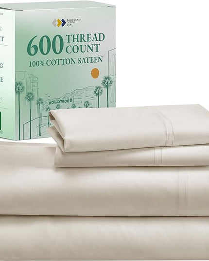 California Design Den Split King Sheet Set - 100% Cotton, 600 Thread Count, Breathable Luxury King Size Sheets for Adjustable Bed, Luxury Soft Hotel-Quality Sheets with Sateen Weave - Ivory - LeafyLoom