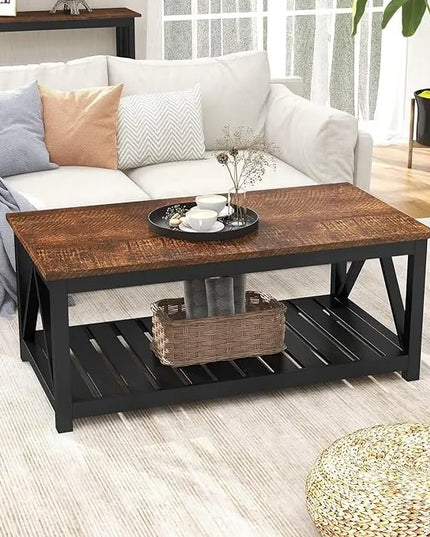 ChooChoo Black Coffee Table, Rustic Vintage Table with Shelf for Living Room, 40 Inch - LeafyLoom