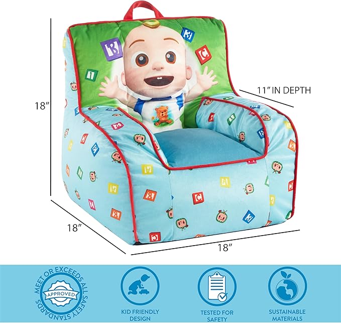 Idea Nuova Cocomelon Kids Mink Plush Bean Bag Chair with Piping & Top Carry Handle , Large - LeafyLoom