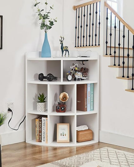 Vecelo Corner Cabinet with Charging Station, 3-Tier Bookcase Cube Storage Organizer with USB Outlets, Triangle Corner Bookcases with 8 Cubbies for Playroom, Bedroom, Living Room, Pearl White - LeafyLoom