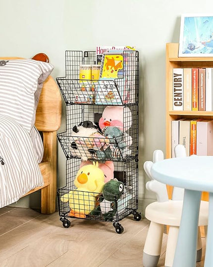 3 Tier Metal Wire Baskets - Toy Organizer Basket Shelf with Wheel, S-Hooks, Rolling Cart Hanging Storage Baskets for Child Room, Playroom, Bedroom, Kitchen (Black) - LeafyLoom