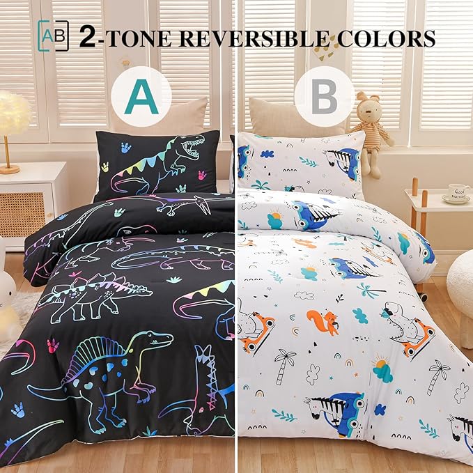 Meeting Story Dinosaur Comforter Set, Fluorescence Dinosaur Colorful Pattern Style Twin Comforter Set, 3 PCS 1 Comforter and 2 Pillowcases in One Bag, All Season Bedspread for Kids Teens Adults（Twin） - LeafyLoom