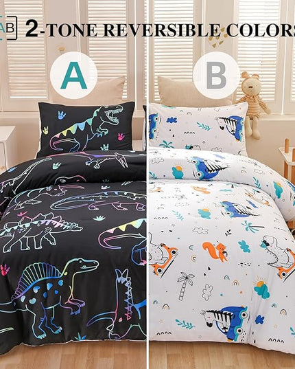 Meeting Story Dinosaur Comforter Set,Fluorescence Dinosaur Colorful Pattern Twin Comforter Set, 3 PCS 1 Comforter and 2 Pillowcases in One Bag, All Season Bedspread for Kids Teens Adults(Full) - LeafyLoom