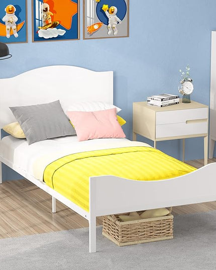 Timy Kids Twin Bed Frame with Wooden Headboard and Footboard, Metal Platform Bed Frame for Boys Girls Teens Adults, Modern Kids Bed Furniture, No Box Spring Needed, White - LeafyLoom