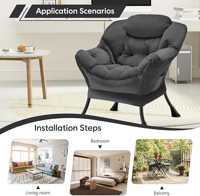 Fabric Lazy Chair Large Accent Chair,Velvet Frabic Modern Lounge Reading Chair with Armrests & Side Pocket,Upholstered Armchair for Living Room,Bedroom,Dorm,Dark Grey - LeafyLoom