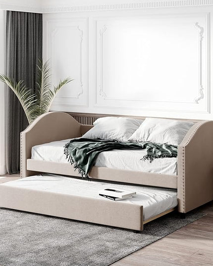 Full Size Upholstered Daybed with Twin Size Trundle, Wood Slat Support, Beige - LeafyLoom
