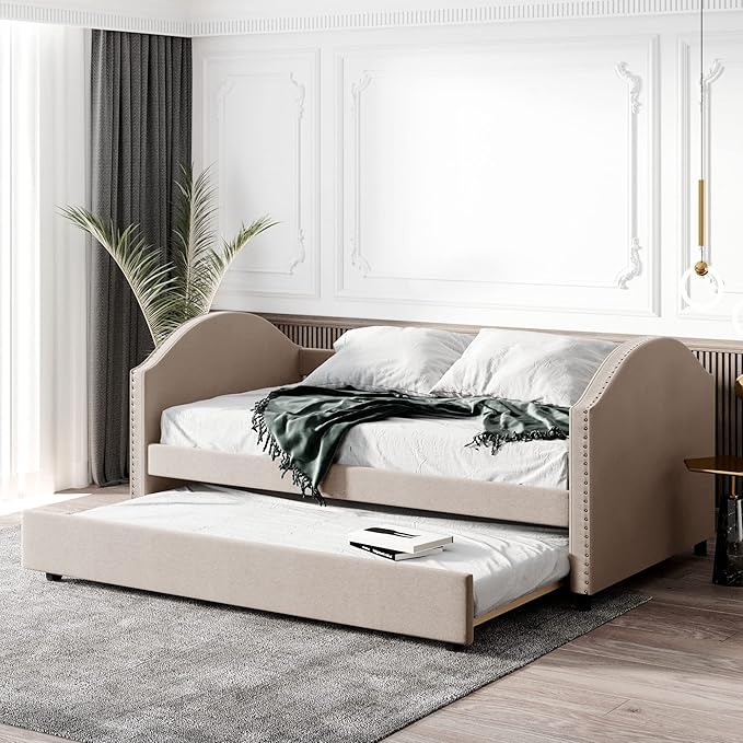 Full Size Upholstered Daybed with Twin Size Trundle, Wood Slat Support, Beige - LeafyLoom