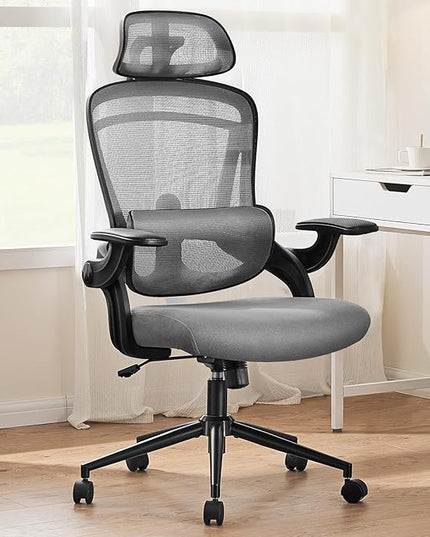 Ergonomic Office Chair, High Back Desk Chair with Adjustable Lumbar Support & Headrest,Comfortable Mesh Computer Chair with Soft Flip Up Arms, Adjustable Height and 120°Tilt,Grey - LeafyLoom