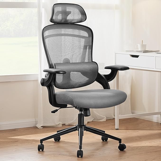 Ergonomic Office Chair, High Back Desk Chair with Adjustable Lumbar Support & Headrest,Comfortable Mesh Computer Chair with Soft Flip Up Arms, Adjustable Height and 120°Tilt,Grey - LeafyLoom