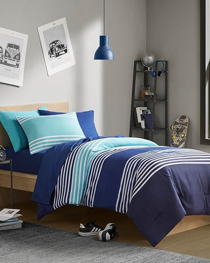 Comfort Spaces Twin Comforter Sets with Sheets - Bed in a Bag 6 Pieces Teen Bedding Sets Twin, Navy and Grey Stripes Bedding Twin, College Twin Bed Set, 2 Side Pockes Bedroom Organizer Twin Navy - LeafyLoom