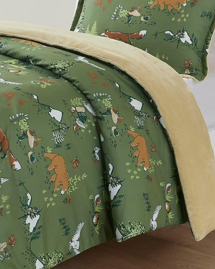 Mi Zone Kids Queen Comforter Set, Reversible Plush Kids Comforter Set, Cozy Plush Reverse Bedding, Winter Fluffy Comforter Bed Set, 2 Shams, Enchanting Forest Animals, Full/Queen, Sage Green 3 Piece - LeafyLoom