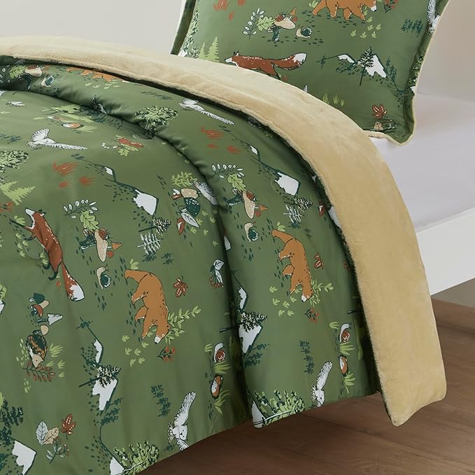 Mi Zone Kids Queen Comforter Set, Reversible Plush Kids Comforter Set, Cozy Plush Reverse Bedding, Winter Fluffy Comforter Bed Set, 2 Shams, Enchanting Forest Animals, Full/Queen, Sage Green 3 Piece - LeafyLoom