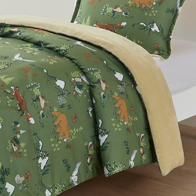 Mi Zone Kids Twin Comforter Set, Reversible Plush Kids Comforter Set, Cozy Plush Reverse Bedding, Winter Fluffy Comforter Bed Set, 1 Sham, Enchanting Forest Animals, Heath, Twin, Sage Green 2 Piece - LeafyLoom