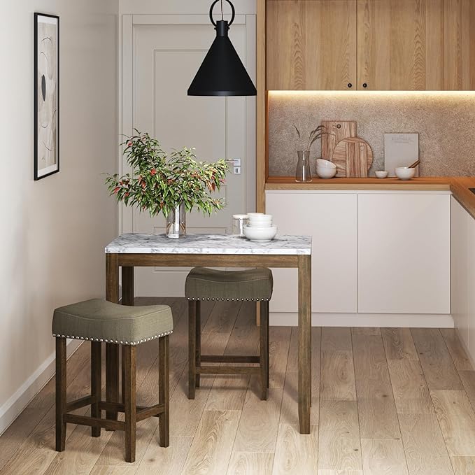 Nathan James Viktor 3 Piece Set, Heigh Kitchen Counter Pub Dining or Breakfast Table with Marble Top and Fabric Wood Base Seat, Beige/Light Brown - LeafyLoom