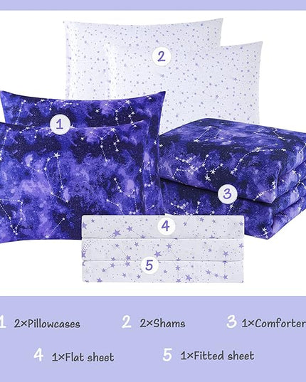 KALEIDOSPACE Full Size Comforter Sets - Bedding Sets Full 7 Pieces, Glow in The Dark Bed in A Bag Full, Lightweight Galaxy Bedding Sets for Kids, Teens, Women & Men - LeafyLoom