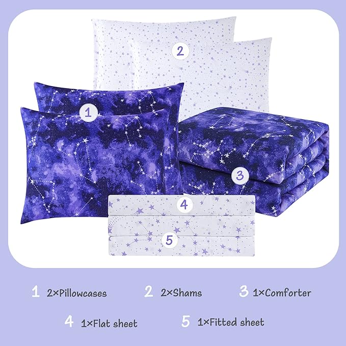 KALEIDOSPACE Full Size Comforter Sets - Bedding Sets Full 7 Pieces, Glow in The Dark Bed in A Bag Full, Lightweight Galaxy Bedding Sets for Kids, Teens, Women & Men - LeafyLoom