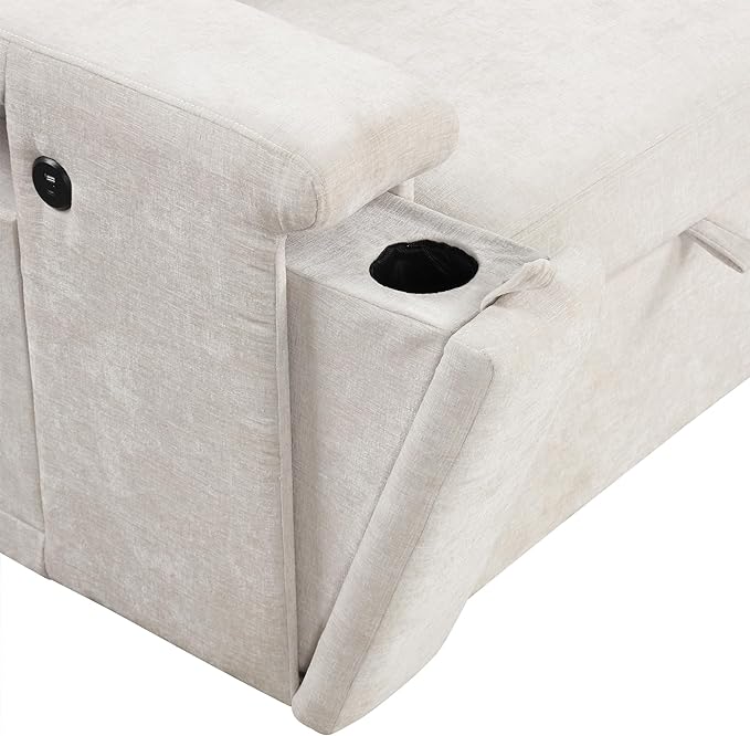 90.6'' L-shaped Modular Sectional Sofa with Storage Space, Ottoman and Pull-Out Bed, 6 Seat Upholstered Couch w/USB Ports & Cup Holders, for Living Rooms, Offices, Apartments, Beige, 90.6 Inch - LeafyLoom
