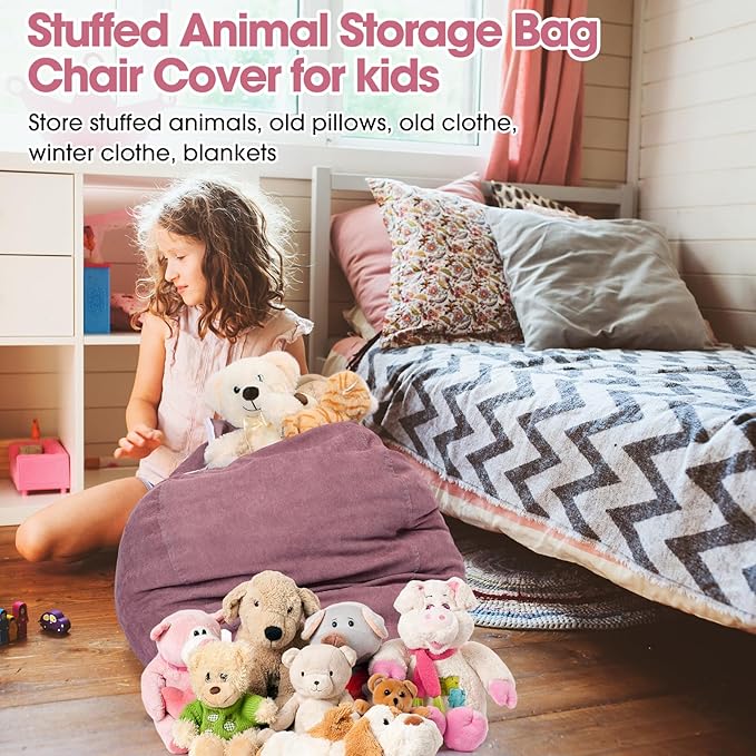 2 Pcs 100L Stuffed Animal Storage Bean Bag Chair Cover (No Filler) for Kids Soft Corduroy Stuffable Bean Bag Zipper for Organizing Children Plush Toys(Dusty Pink) - LeafyLoom