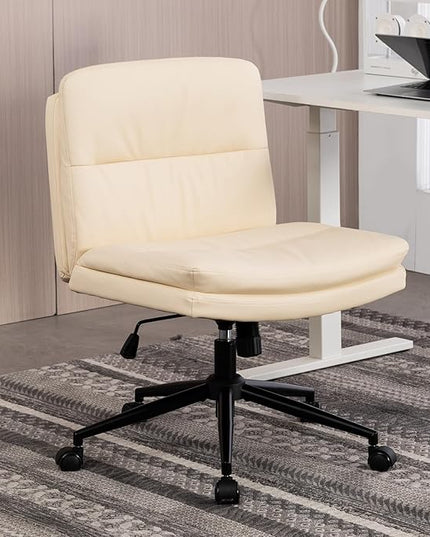 Armless Office Chair with Wheels Wide Desk Chair Leather Mid Back Accent Chair Padded Swivel Vanity Chair for Girl Women Computer Task Chair for Home Office (Leather, Beige) - LeafyLoom