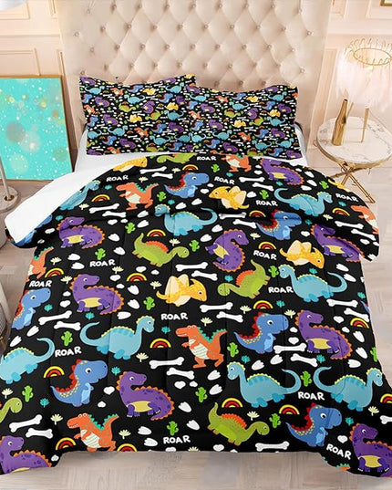 Dinosaur Comforter Set Queen - Cartoon Dinosaur Bedding Boys Comforter Set Soft Breathable Dinosaur Quilt Kids Queen Size Bedding Set for All Season, 1 Comforter 2 Pillowcase - LeafyLoom